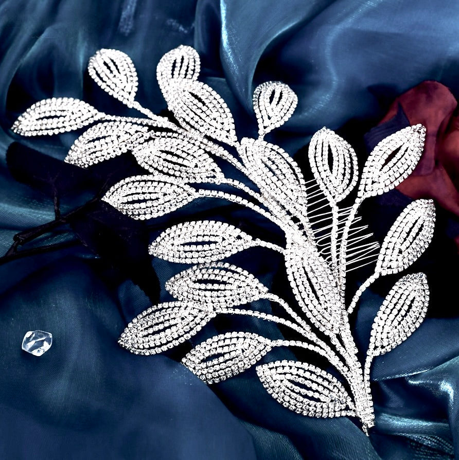 Dayra - Crystal Leaf Bridal Headdress - Available in Silver and Gold