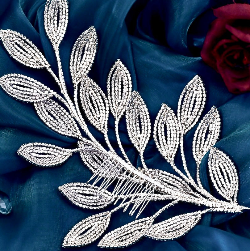 Dayra - Crystal Leaf Bridal Headdress - Available in Silver and Gold