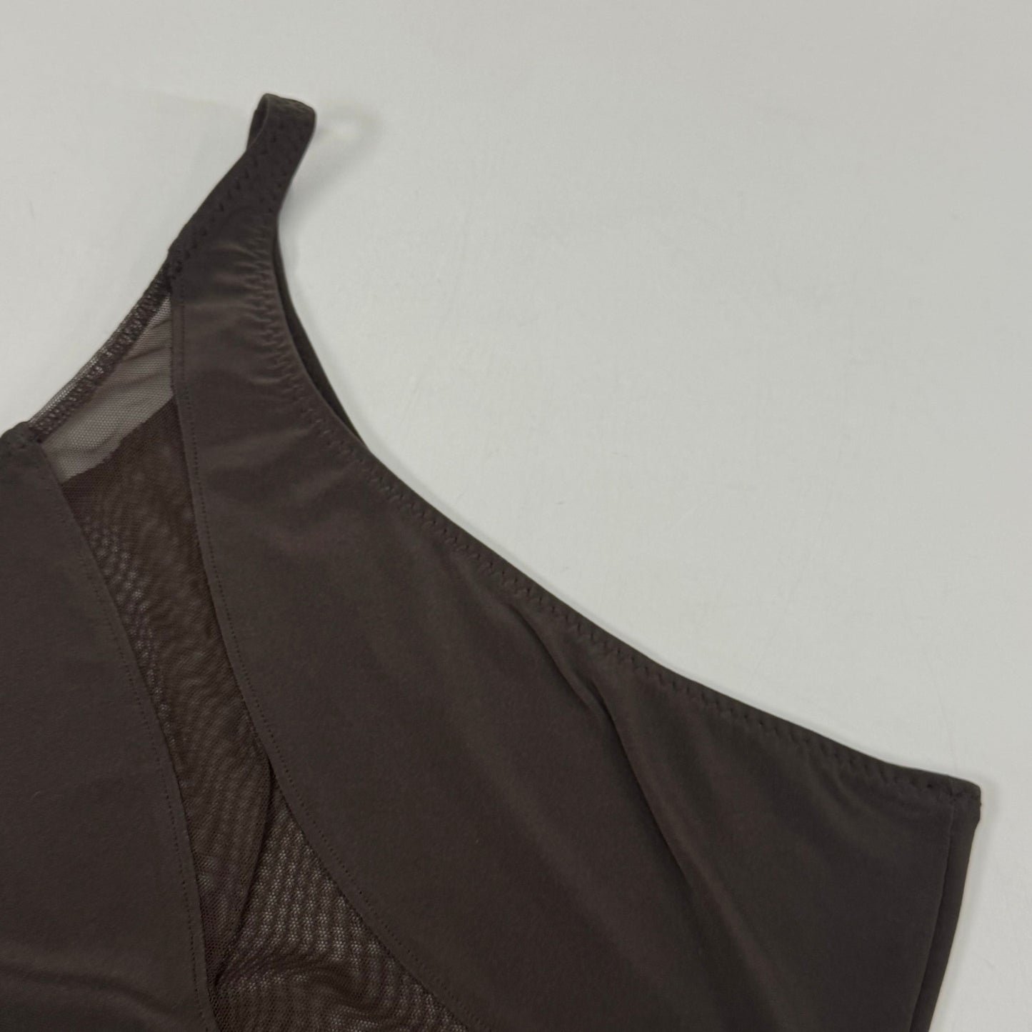 NORMA KAMALI One Shoulder Snake Mesh Catsuit Footsie Women's Sz M/38 Chocolate