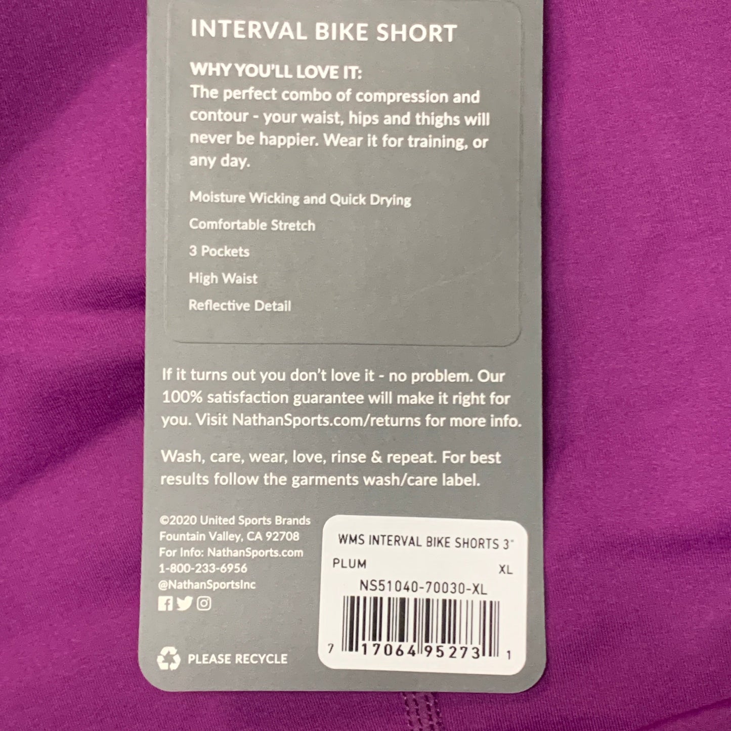 NATHAN Interval 3" Inseam Bike Short Women's Plum Size XL NS51040-70030-XL
