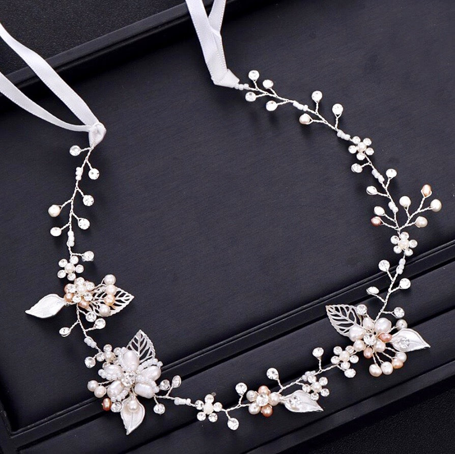 Karisa - Pearl and Crystal Bridal Headband / Vine - Available in Silver, Rose Gold and Yellow Gold