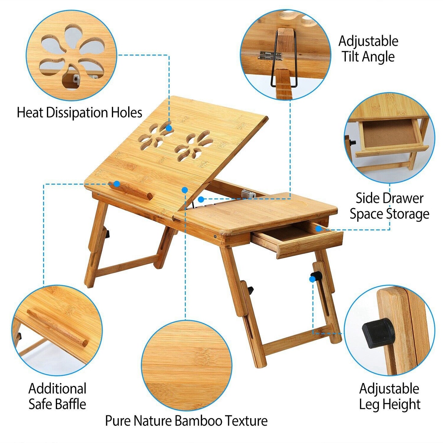 Bamboo Laptop Desk Adjustable Stand and Riser Foldable