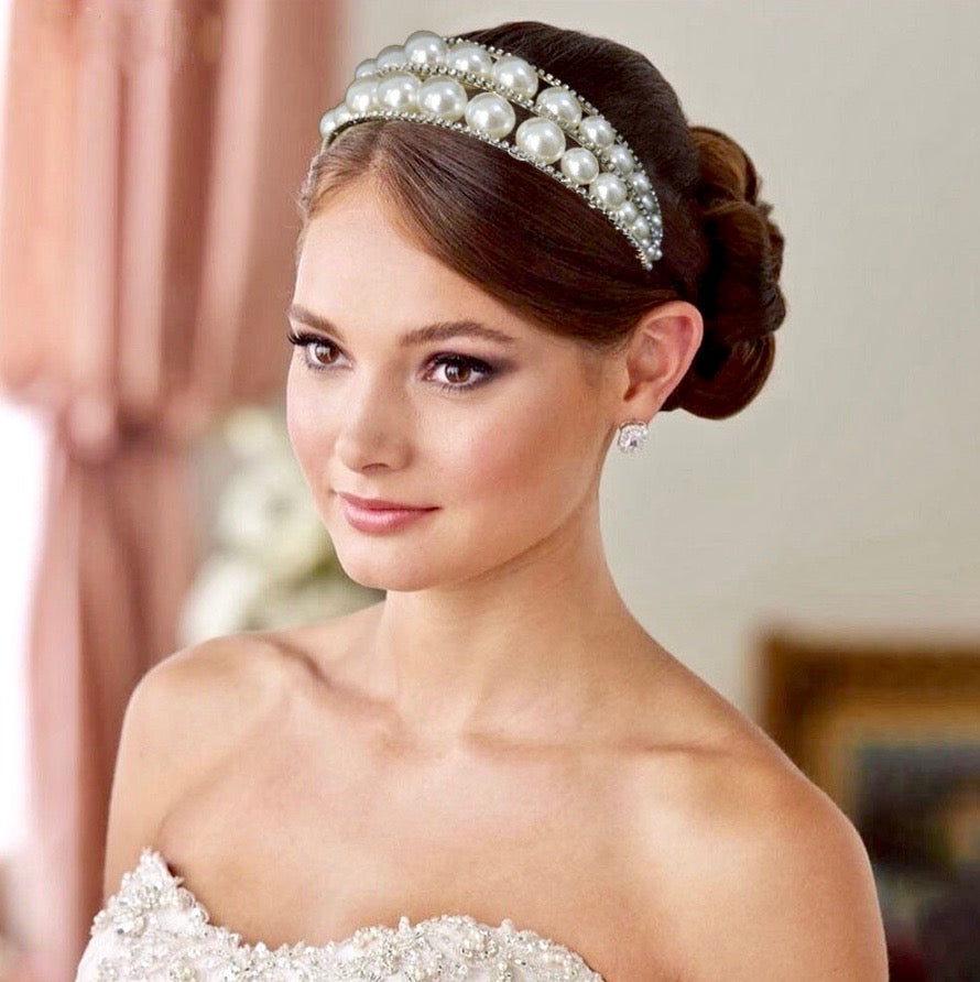 Barcelona - Oversized Double Pearl Bridal Headband / Tiara - Available in Silver and Gold