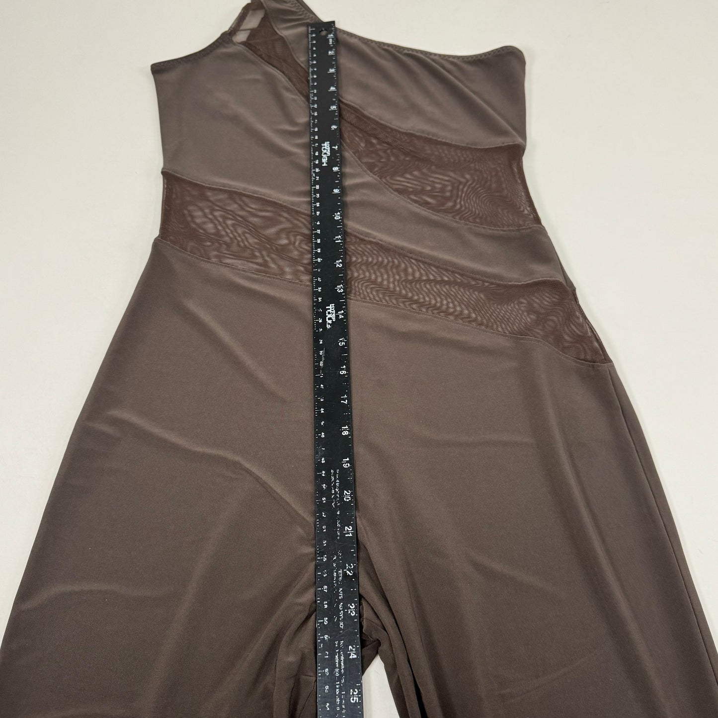 NORMA KAMALI One Shoulder Snake Mesh Catsuit Footsie Women's Sz L/40 Chocolate