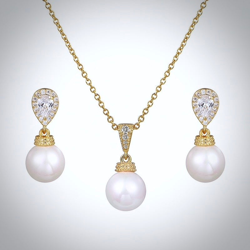"Louella" - Pearl and Cubic Zirconia Jewelry Set - Available in Gold and Silver