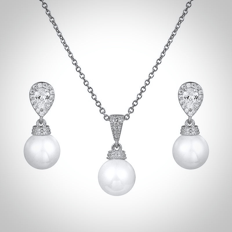 "Louella" - Pearl and Cubic Zirconia Jewelry Set - Available in Gold and Silver
