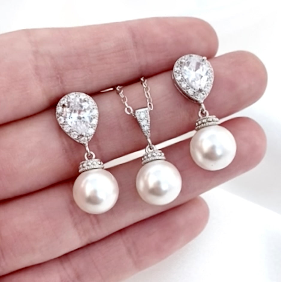 "Louella" - Pearl and Cubic Zirconia Jewelry Set - Available in Gold and Silver