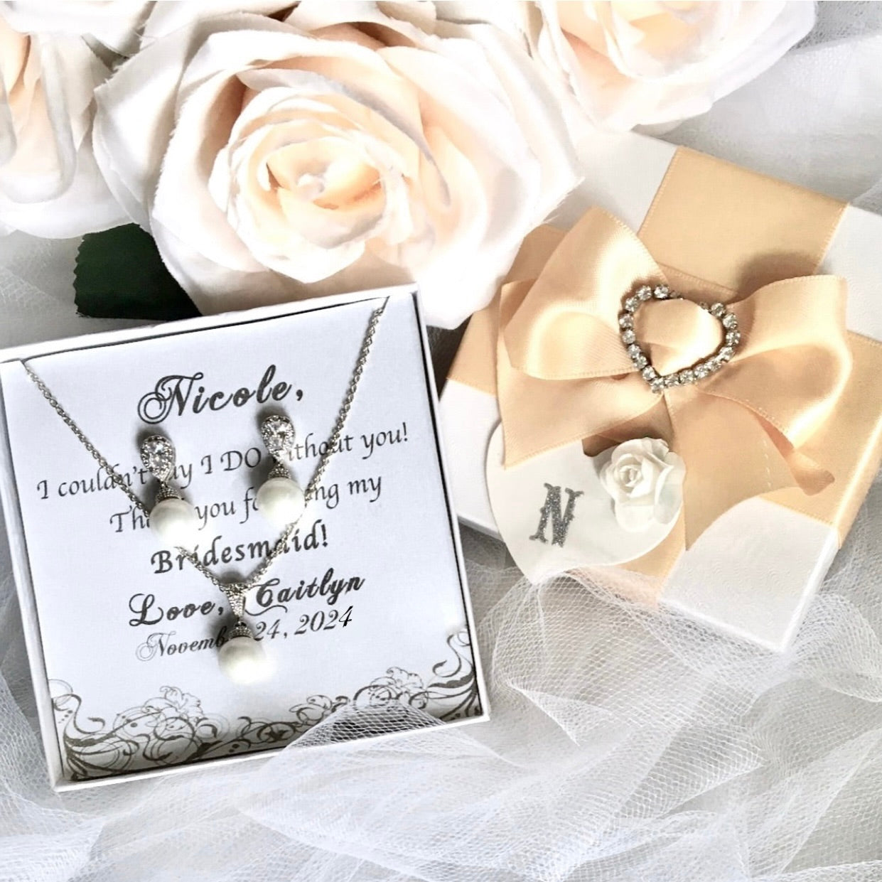 "Louella" - Pearl and Cubic Zirconia Jewelry Set - Available in Gold and Silver