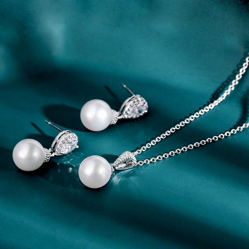 "Louella" - Pearl and Cubic Zirconia Jewelry Set - Available in Gold and Silver