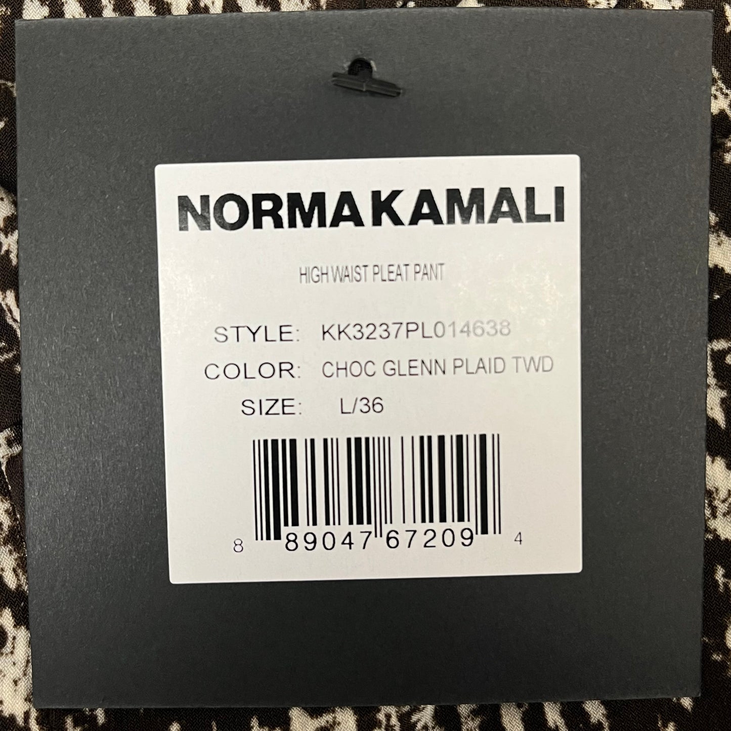 NORMA KAMALI High Waist Pleat Pant Women's Sz L/36 Chocolate Glenn Plaid Tweed