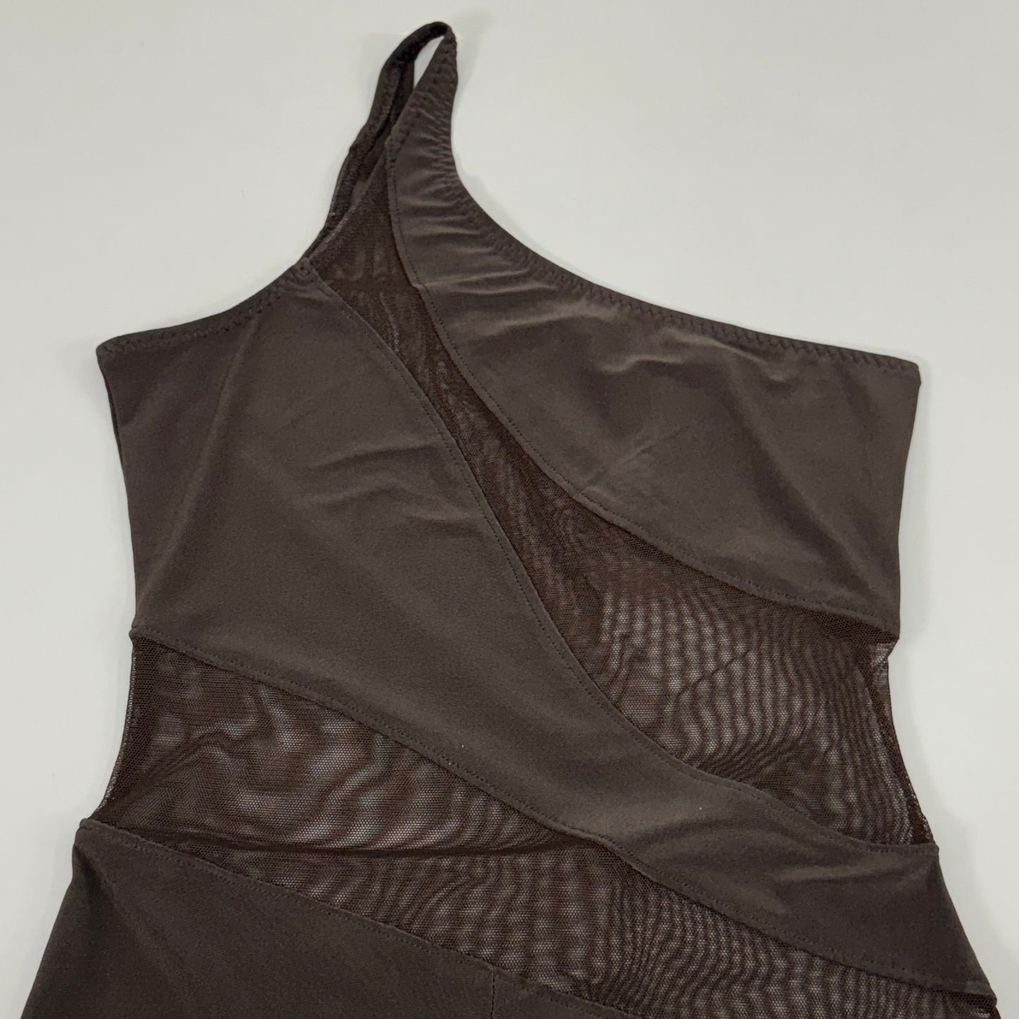 NORMA KAMALI One Shoulder Snake Mesh Catsuit Footsie Women's Sz XS/34 Chocolate
