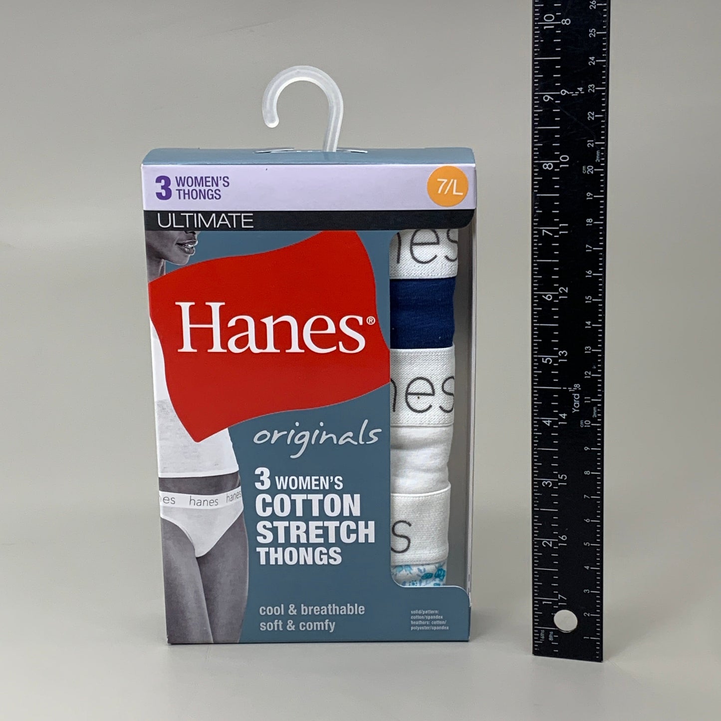 HANES 3 PACK!! Originals Women's Breathable Cotton Stretch Thongs Underwear Sz 7/L Navy/White/Floral 45U0BT