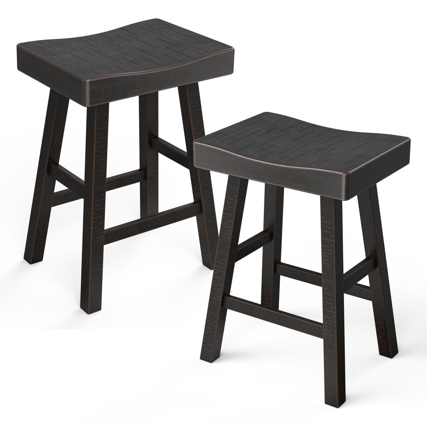 Set of 2 Farmhouse Solid Wood Bar Stools - Backless Saddle Seat Counter Height Chairs for Kitchen Island, Breakfast Nook & Home Office