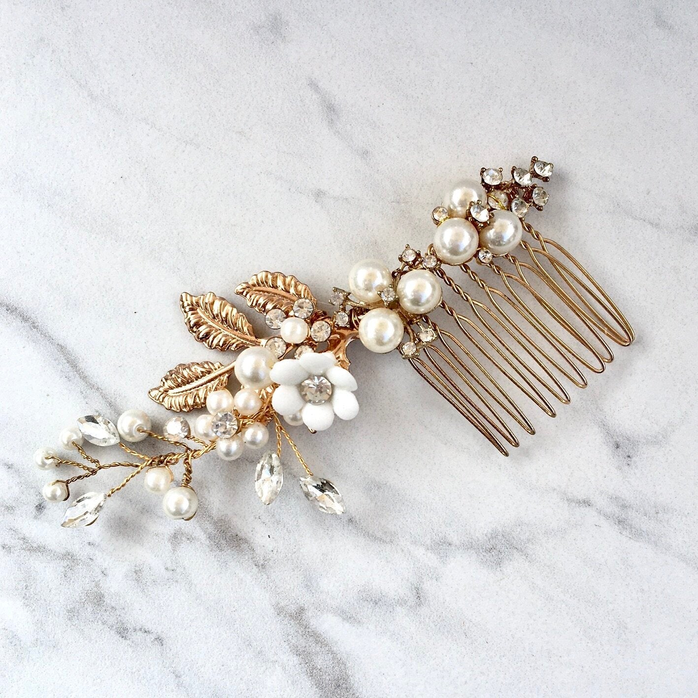 "Claudine" - Ceramic Flowers Bridal Hair Comb and Earrings Set Gold