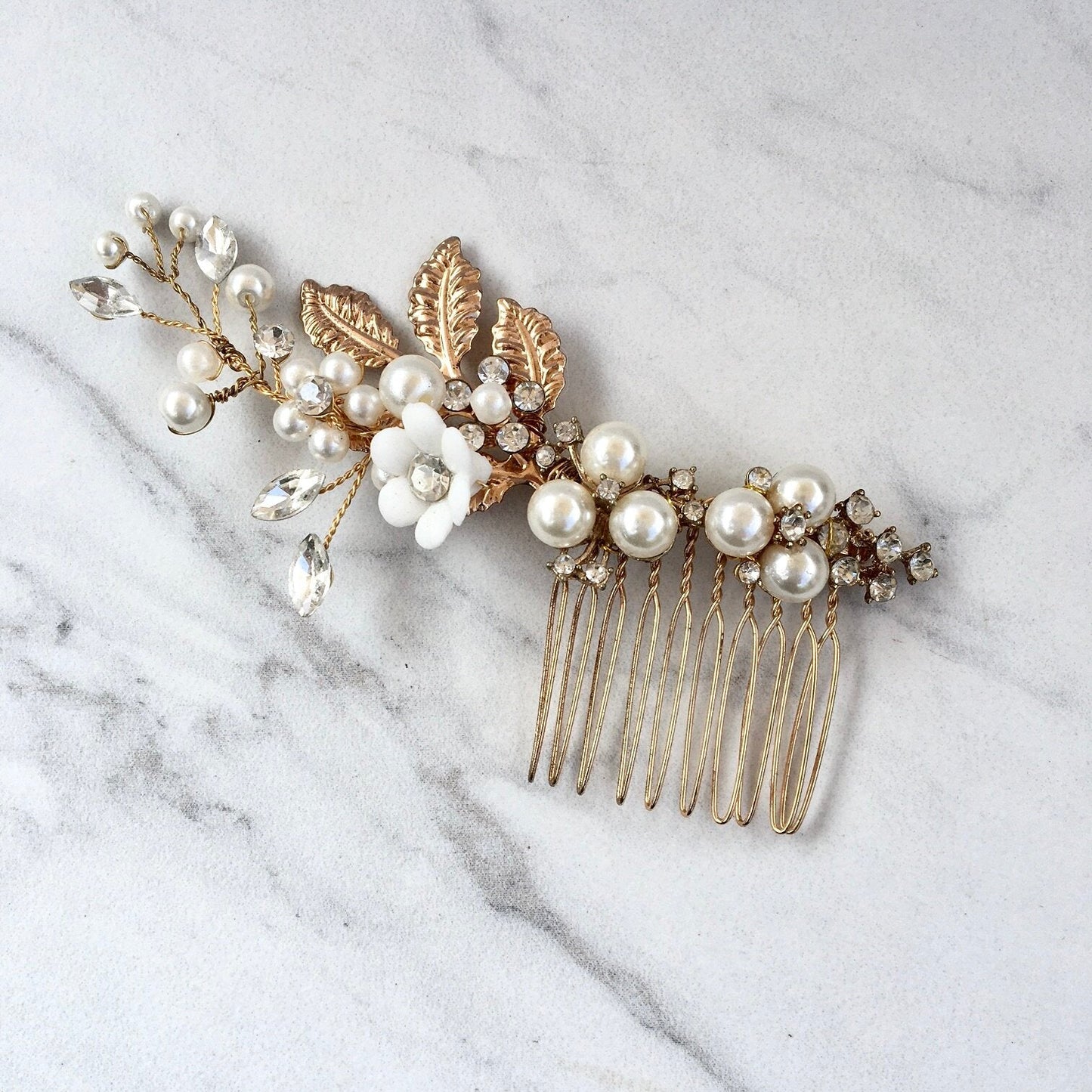 "Claudine" - Ceramic Flowers Bridal Hair Comb and Earrings Set Gold