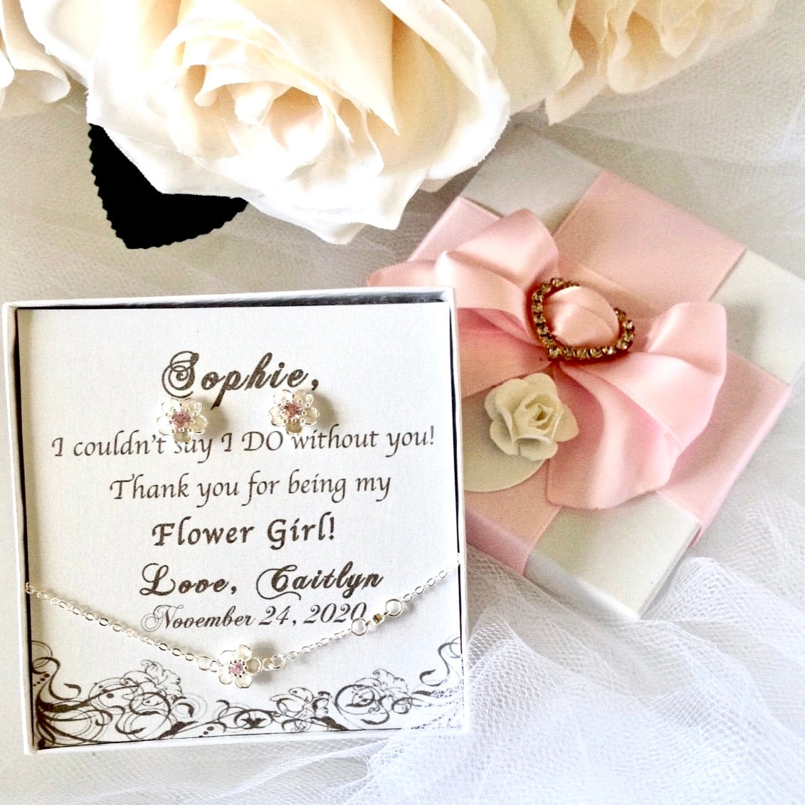 "Lilo" - Cherry Blossom Earrings and Bracelet Set, Flower Girl Gift