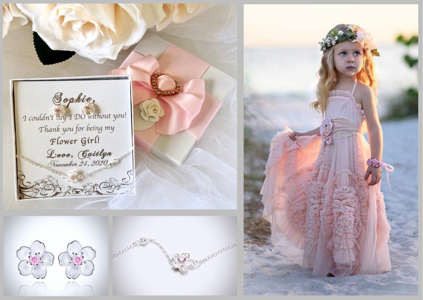"Lilo" - Cherry Blossom Earrings and Bracelet Set, Flower Girl Gift