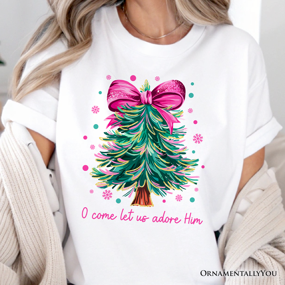 Glitter Christmas Tree Coquette Bow T‑Shirt, O Come Let Us Adore Him Holiday Tee