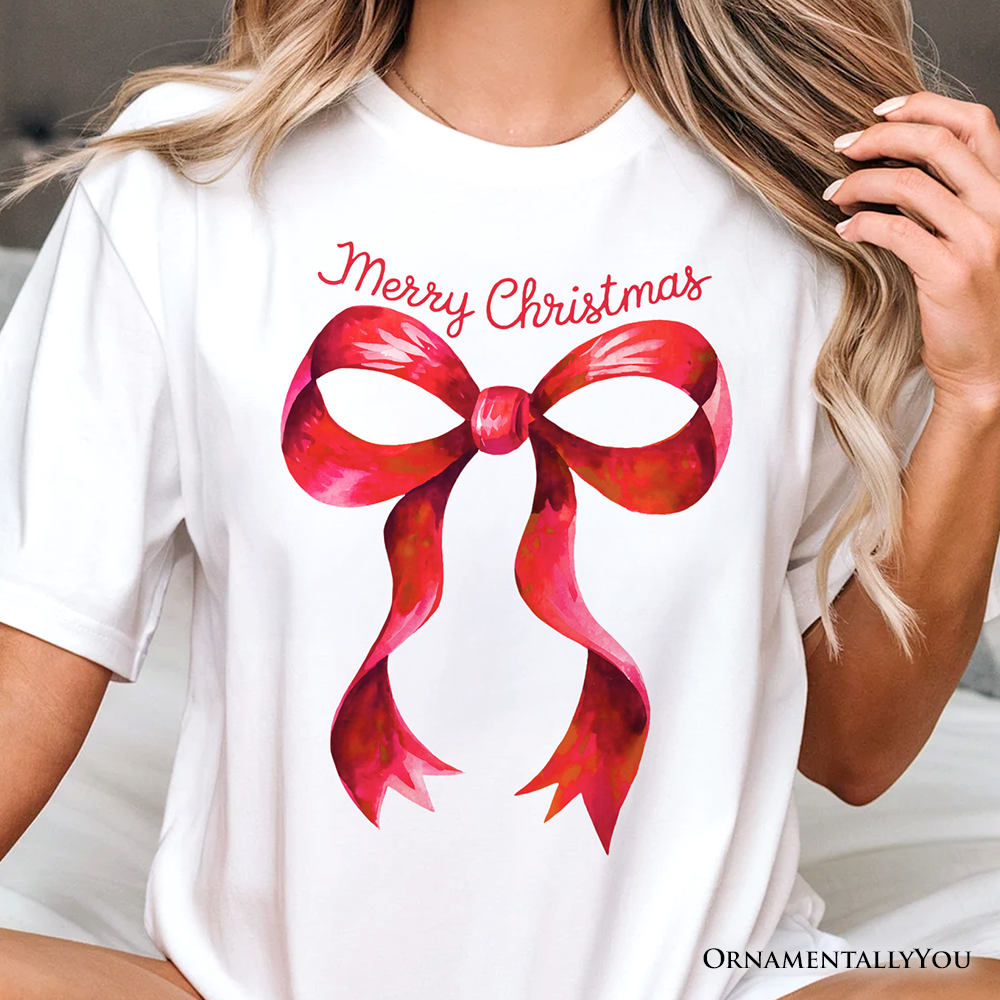 Merry Christmas Red Coquette Bow T‑Shirt, Minimalist Holiday Ribbon Tee for Festive Season