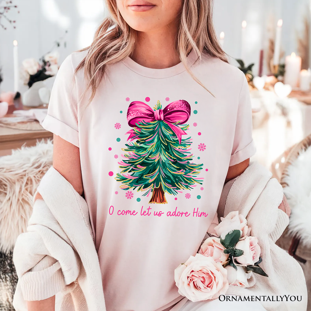 Glitter Christmas Tree Coquette Bow T‑Shirt, O Come Let Us Adore Him Holiday Tee