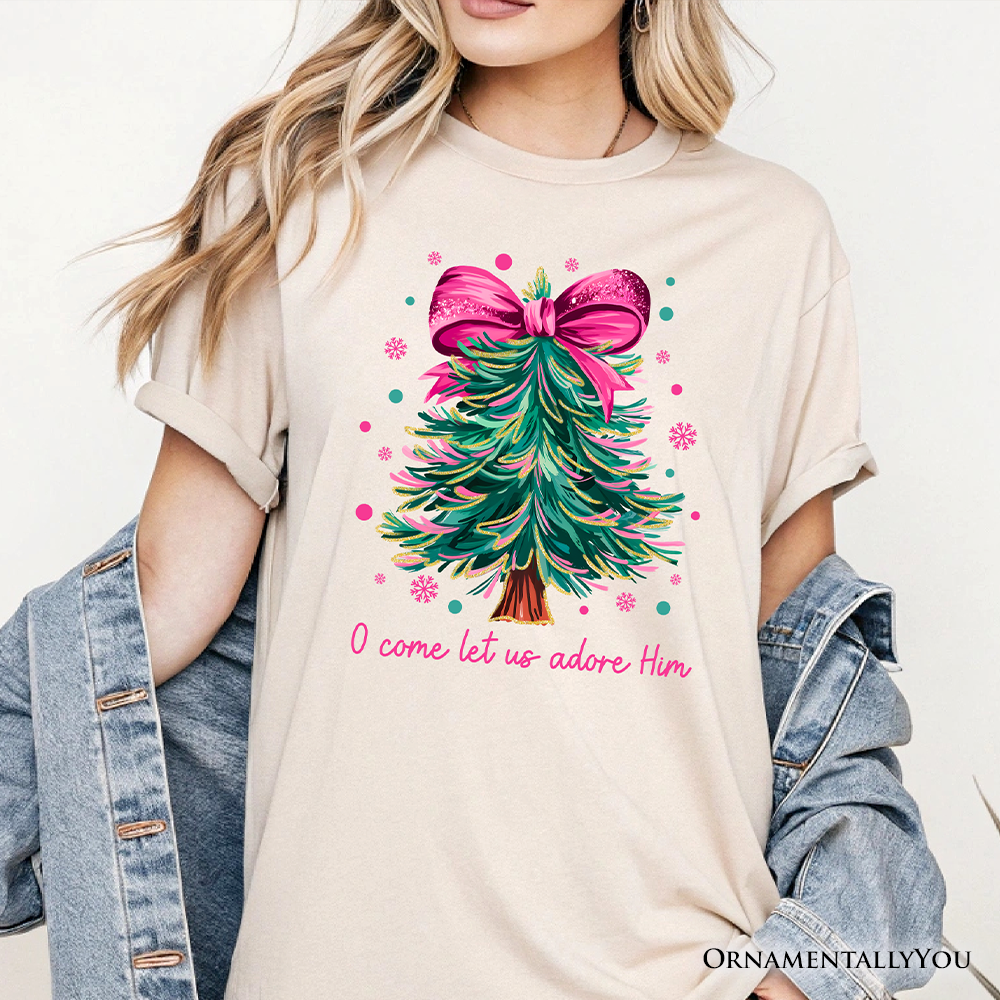 Glitter Christmas Tree Coquette Bow T‑Shirt, O Come Let Us Adore Him Holiday Tee