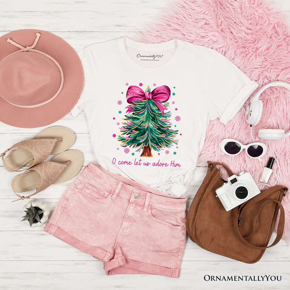 Glitter Christmas Tree Coquette Bow T‑Shirt, O Come Let Us Adore Him Holiday Tee