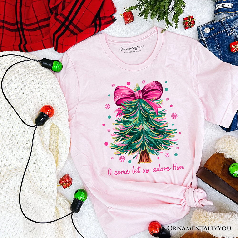 Glitter Christmas Tree Coquette Bow T‑Shirt, O Come Let Us Adore Him Holiday Tee