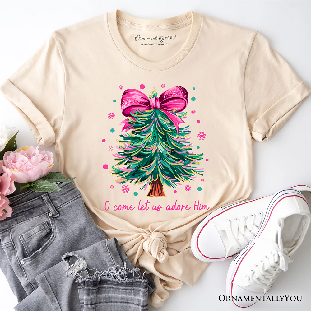 Glitter Christmas Tree Coquette Bow T‑Shirt, O Come Let Us Adore Him Holiday Tee