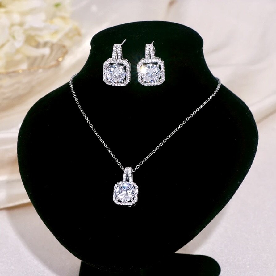 Gio - Sterling Silver CZ Bridal Necklace and Earrings Set