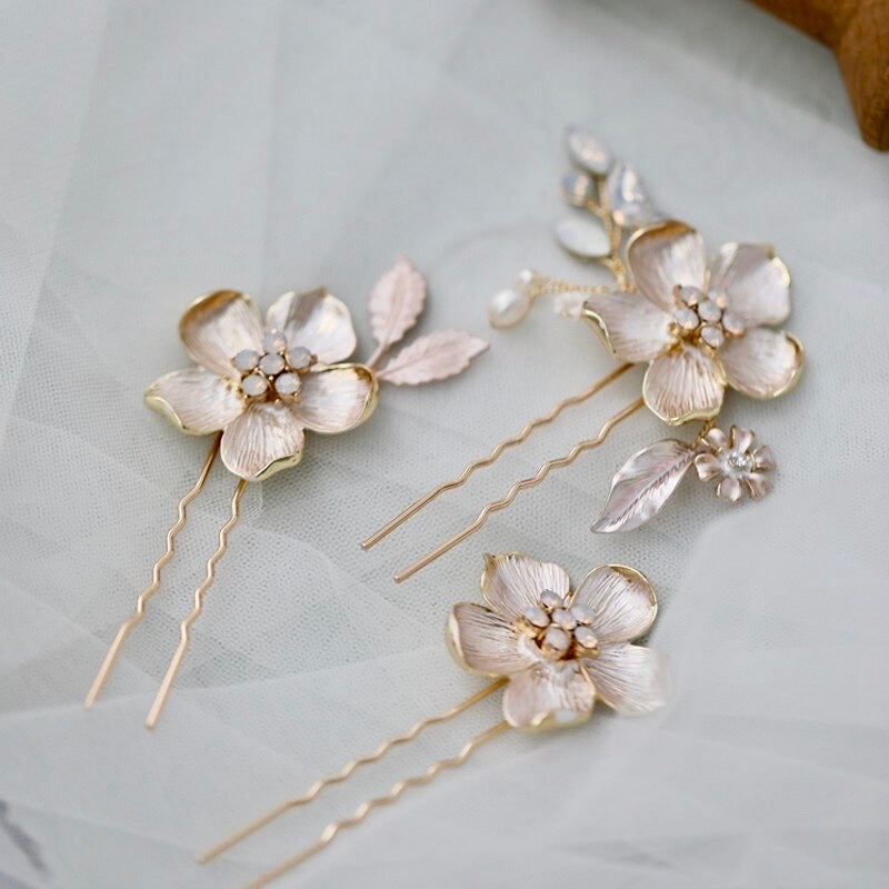 Yara - Gold Opal Bridal Hair Pin Set