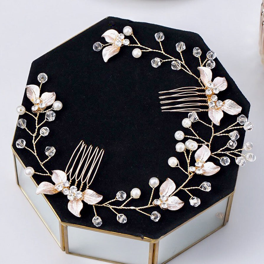 Demi - Pearl and Crystal Bridal Headband / Hair Vine - Available in Yellow Gold, Silver and Rose Gold