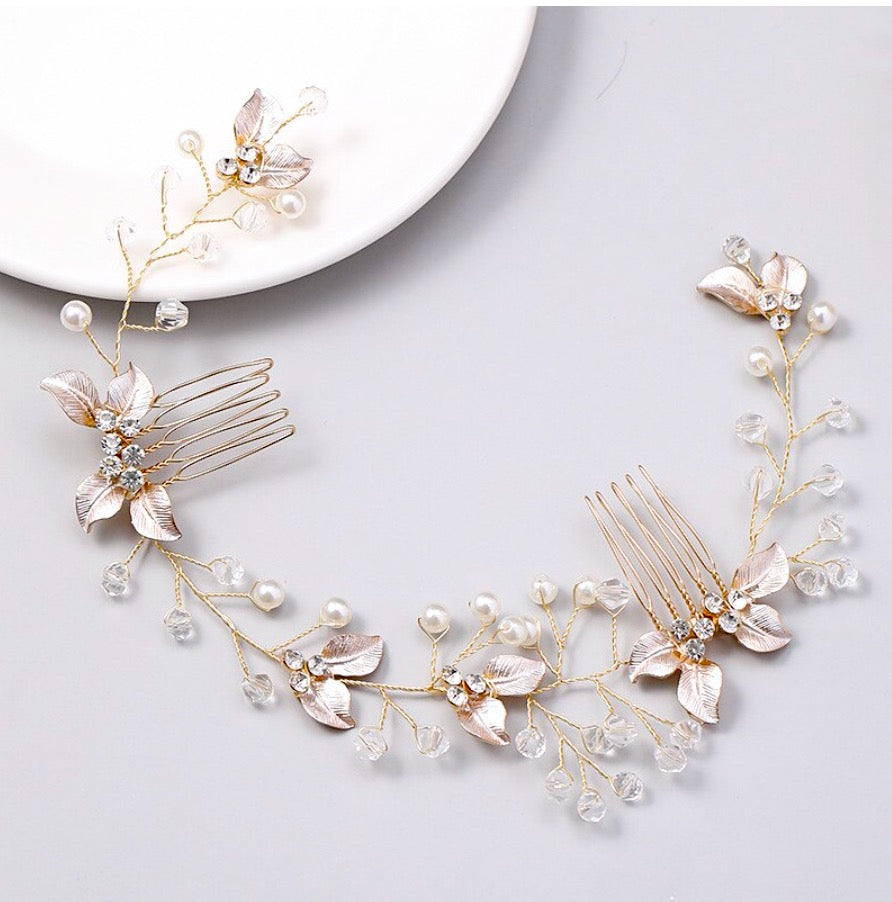 Demi - Pearl and Crystal Bridal Headband / Hair Vine - Available in Yellow Gold, Silver and Rose Gold