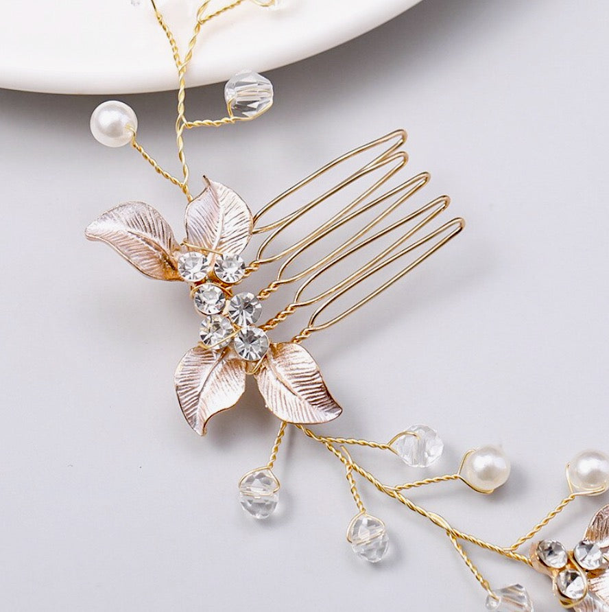 Demi - Pearl and Crystal Bridal Headband / Hair Vine - Available in Yellow Gold, Silver and Rose Gold
