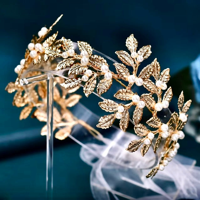 "Laurel" - Gold Pearl Bridal Headband