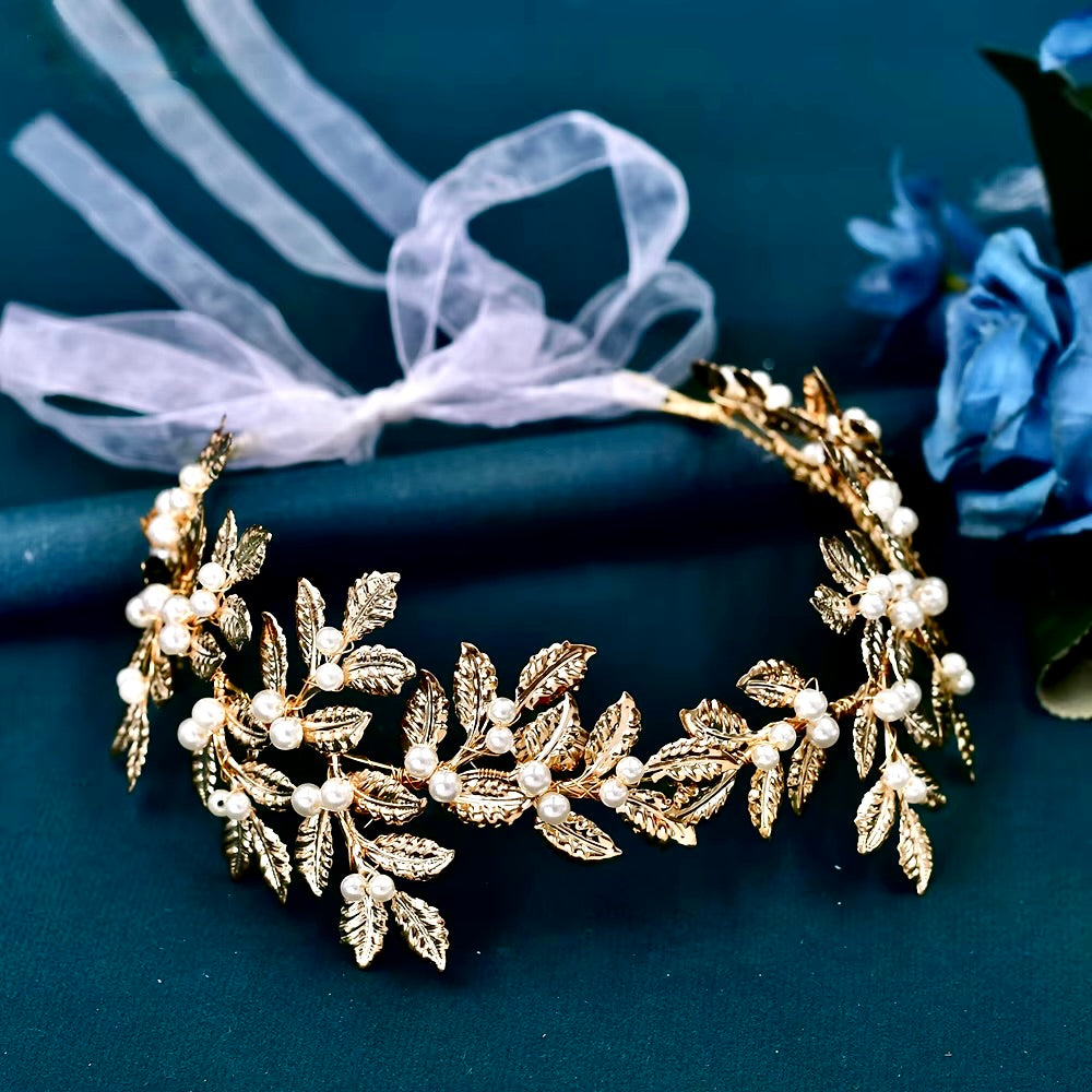 "Laurel" - Gold Pearl Bridal Headband