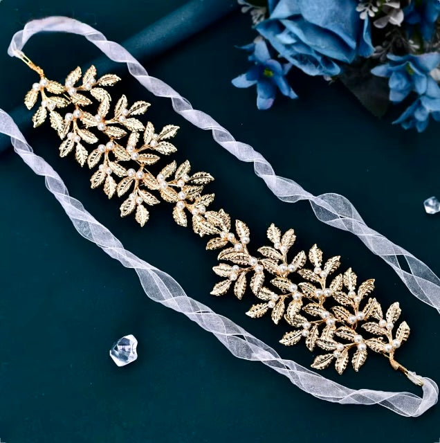 "Laurel" - Gold Pearl Bridal Headband