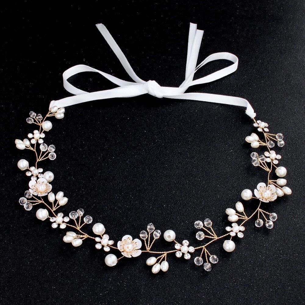 "Noreen" - Gold Pearl and Crystal Bridal Headband