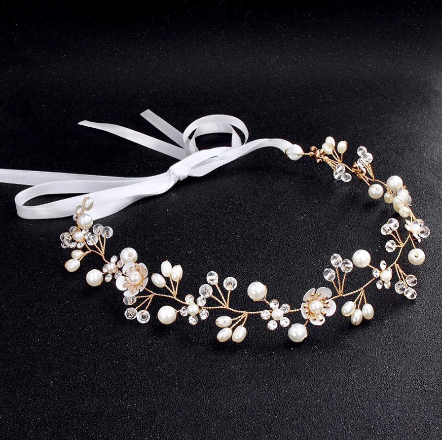 "Noreen" - Gold Pearl and Crystal Bridal Headband