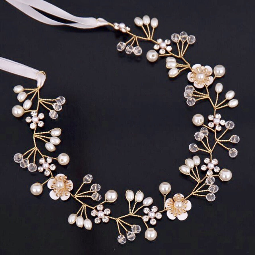 "Noreen" - Gold Pearl and Crystal Bridal Headband