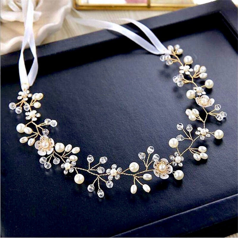 "Noreen" - Gold Pearl and Crystal Bridal Headband