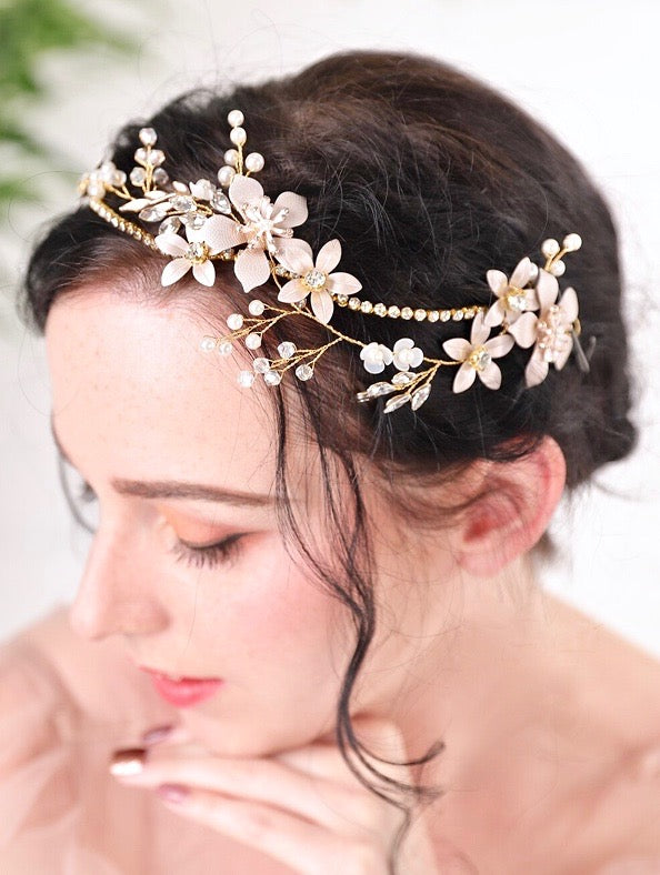"Loreanna" - Gold Pearl and Crystal Bridal Headband