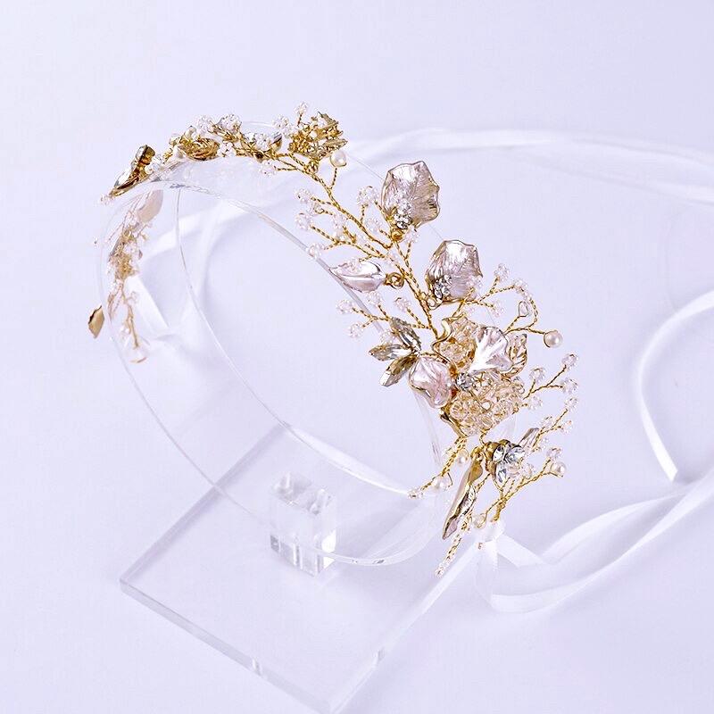 "Ellina" - Gold Pearl and Crystal Bridal Headband