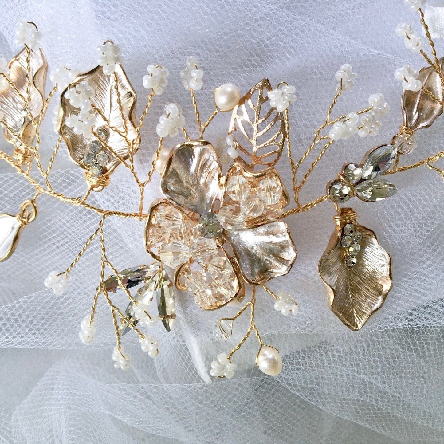 "Ellina" - Gold Pearl and Crystal Bridal Headband