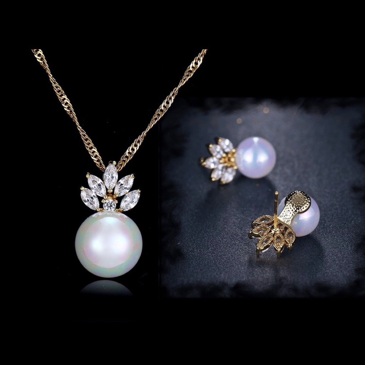 Catherine - Pearl and Cubic Zirconia Jewelry Set - Available in Silver and Gold
