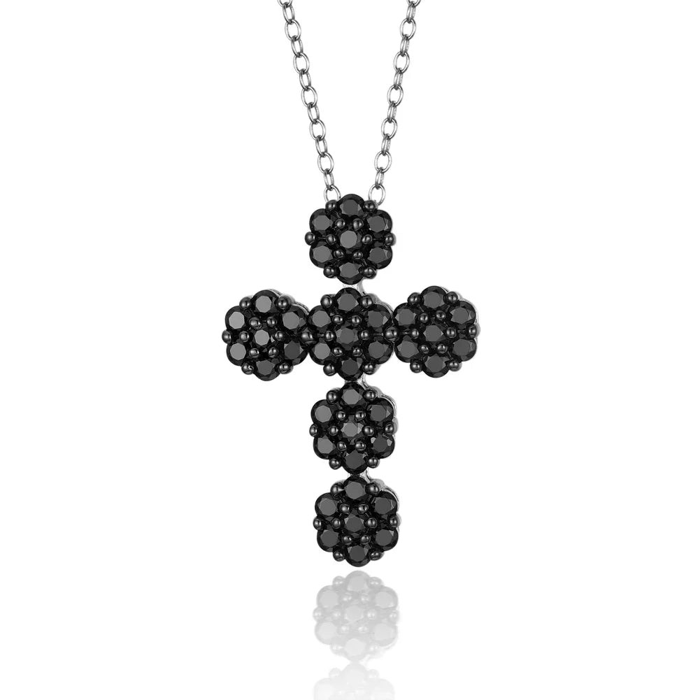 Round-cut Natural Black Spinel Cross Goth Necklace