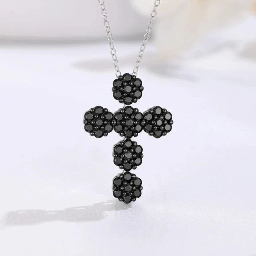 Round-cut Natural Black Spinel Cross Goth Necklace