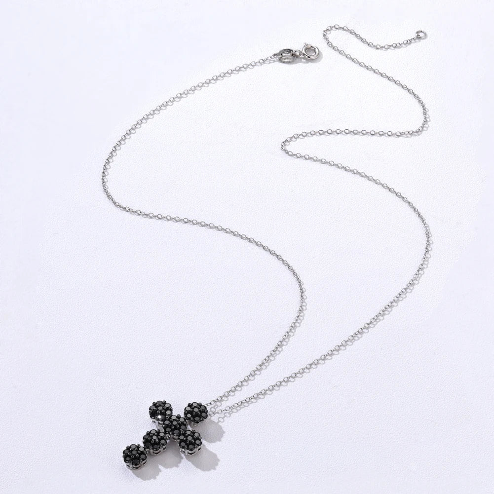 Round-cut Natural Black Spinel Cross Goth Necklace