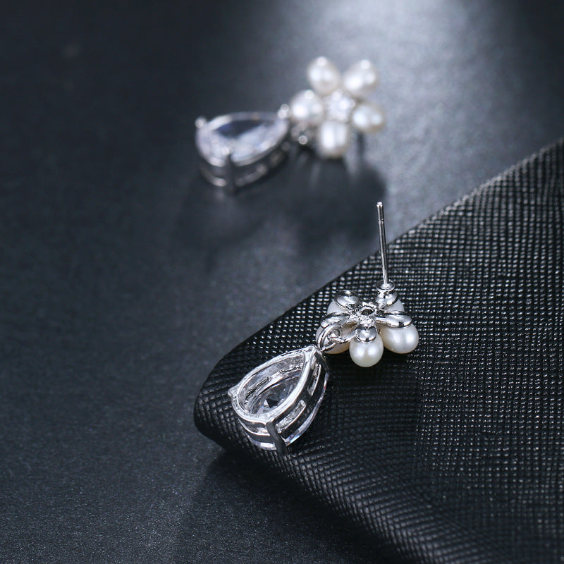 "Beverly" - Pearl and Cubic Zirconia Bridal Necklace and Earrings Set