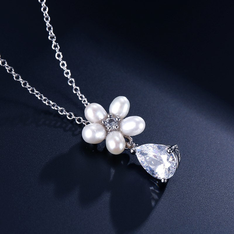 "Beverly" - Pearl and Cubic Zirconia Bridal Necklace and Earrings Set