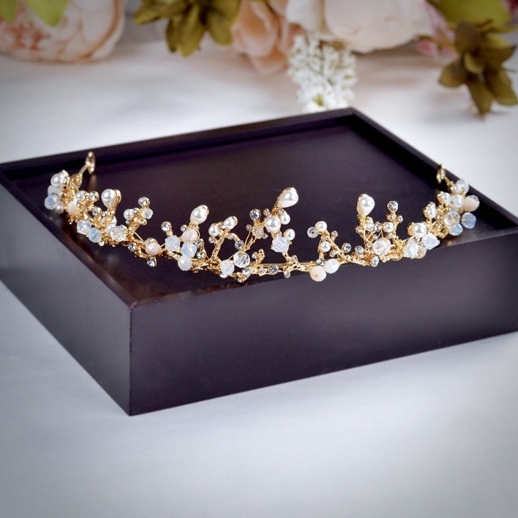 "The Fairy" - Pearl and Cubic Zirconia Bridal 3-Piece Jewelry Set With Tiara - Available in Yellow Gold and Silver